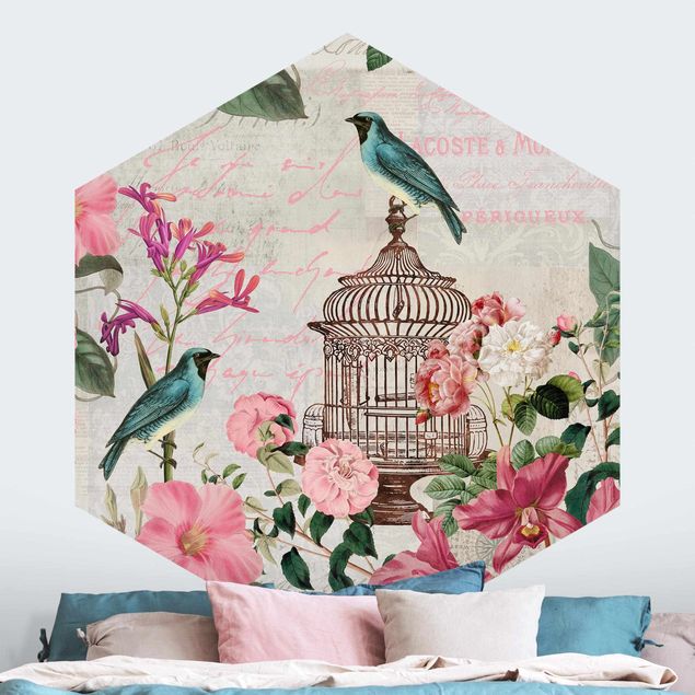 Deko Blume Shabby Chic Collage - Rosa Blüten und blaue Vögel