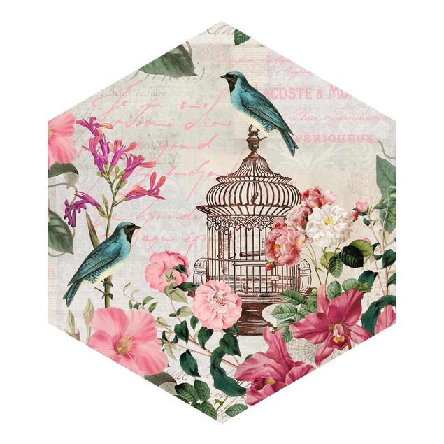 Vogel Tapete Shabby Chic Collage - Rosa Blüten und blaue Vögel