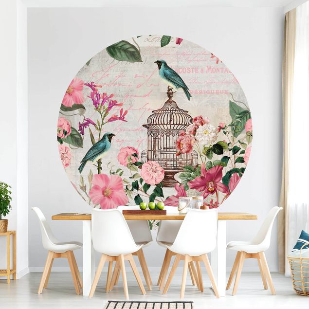 Wanddeko Schlafzimmer Shabby Chic Collage - Rosa Blüten und blaue Vögel