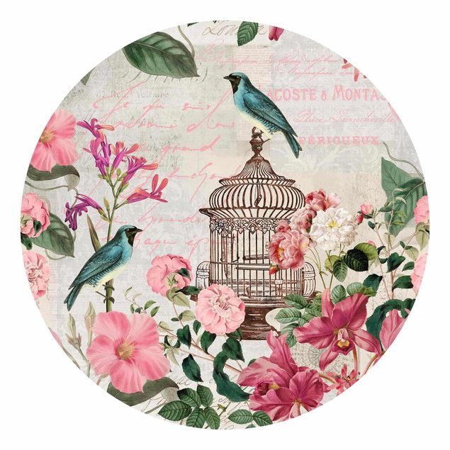 Wanddeko Flur Shabby Chic Collage - Rosa Blüten und blaue Vögel