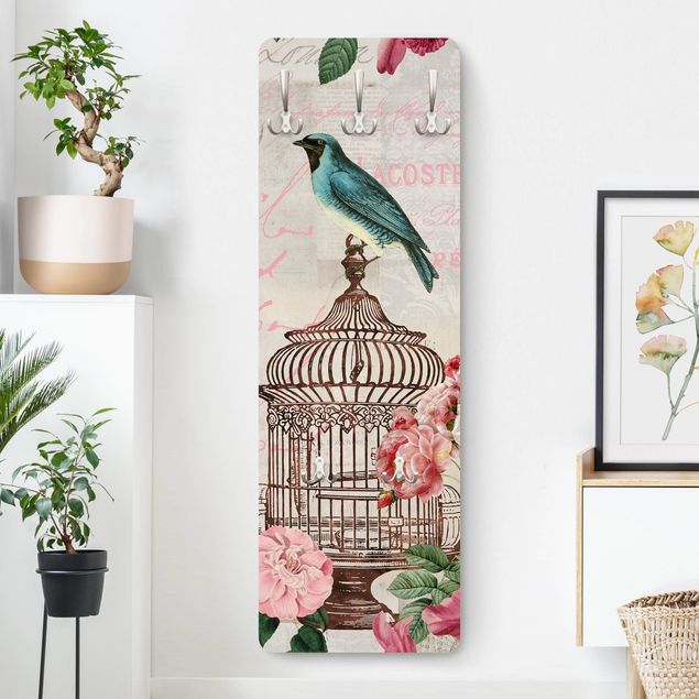 Deko Blume Shabby Chic Collage - Rosa Blüten und blaue Vögel