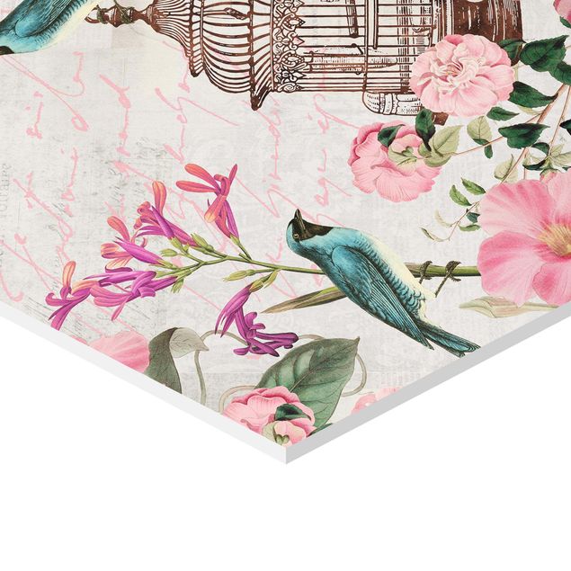 Wanddeko draußen Shabby Chic Collage - Rosa Blüten und blaue Vögel