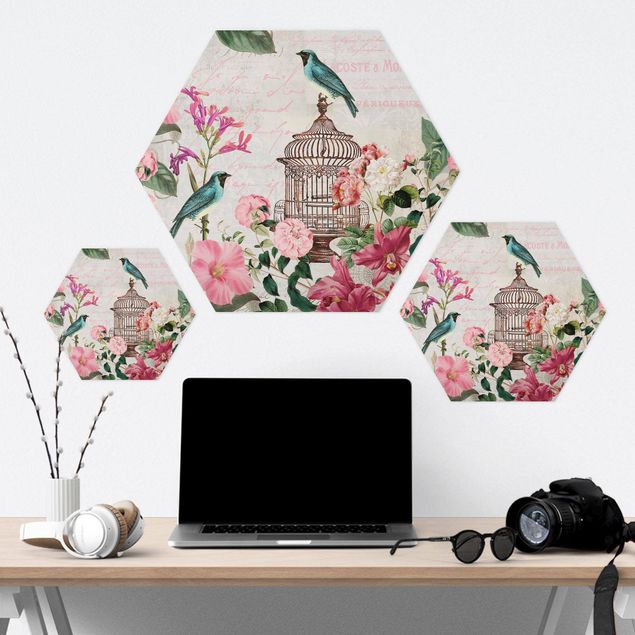 Wanddeko Landhaus Shabby Chic Collage - Rosa Blüten und blaue Vögel