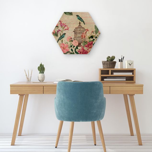 Wanddeko Büro Shabby Chic Collage - Rosa Blüten und blaue Vögel