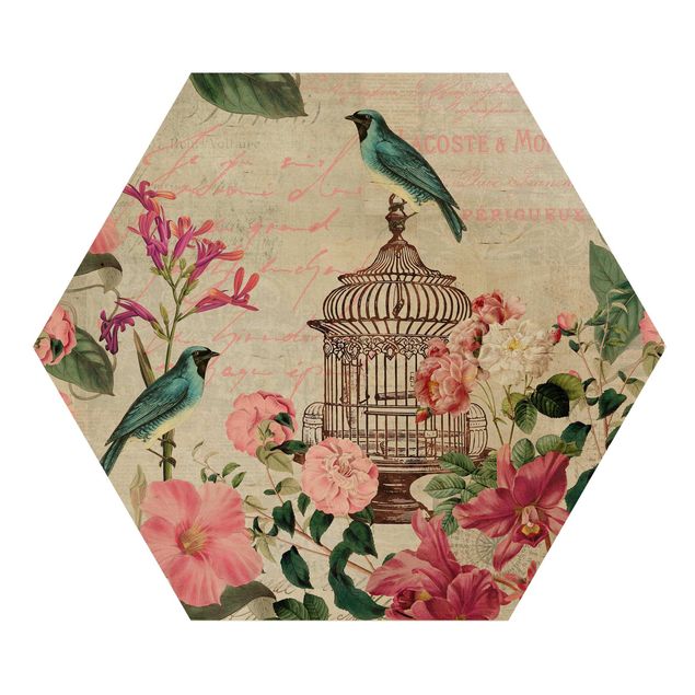 Wanddeko über Sofa Shabby Chic Collage - Rosa Blüten und blaue Vögel