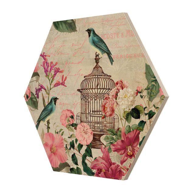 Wanddeko über Bett Shabby Chic Collage - Rosa Blüten und blaue Vögel
