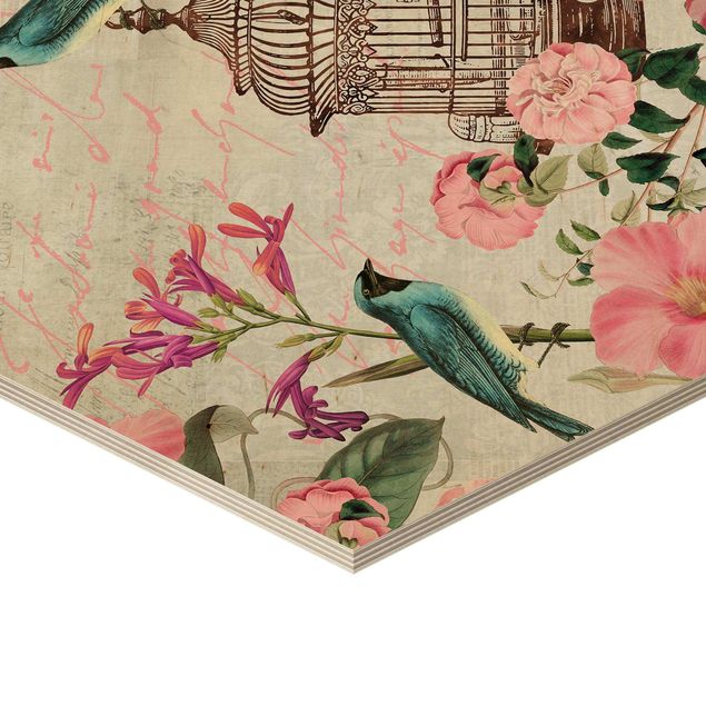 Wanddeko draußen Shabby Chic Collage - Rosa Blüten und blaue Vögel