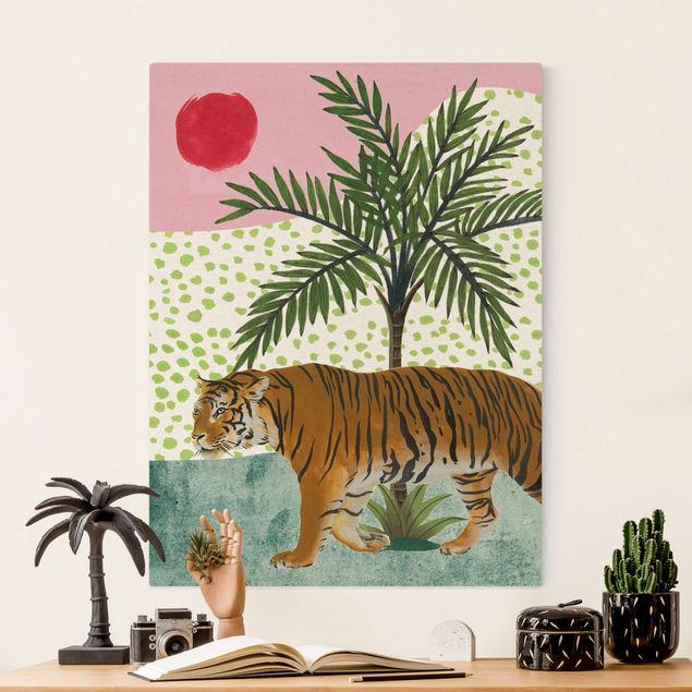 Wanddeko Wohnzimmer Spazierender Tiger im Morgenrot