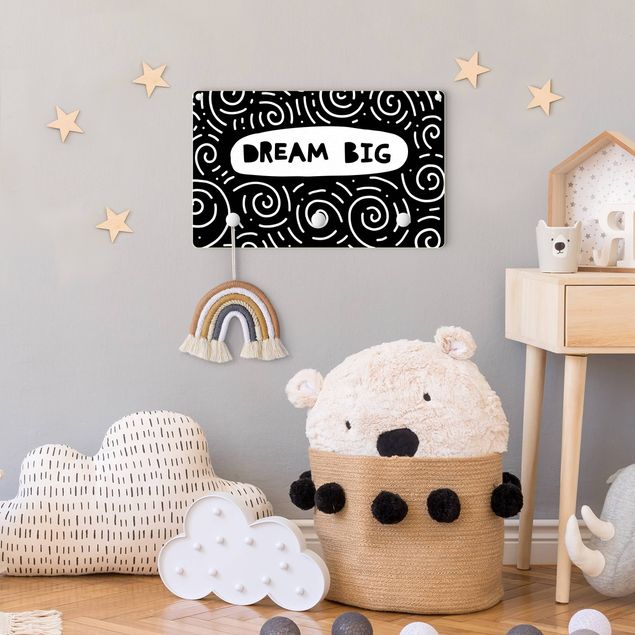 Wanddeko Babyzimmer Spruch Dream Big mit Wirbel Schwarz Weiß