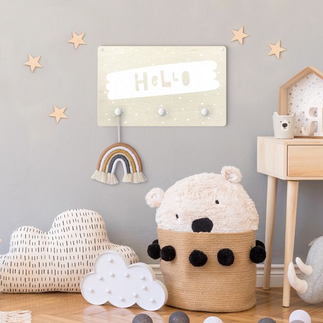Wanddeko Babyzimmer Spruch Hello auf Pinselstrich Weiß