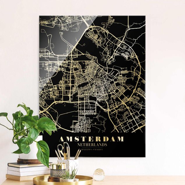 Wanddeko Schlafzimmer Stadtplan Amsterdam - Klassik Schwarz