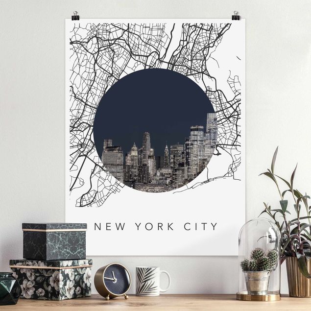 Wanddeko blau Stadtplan Collage New York City