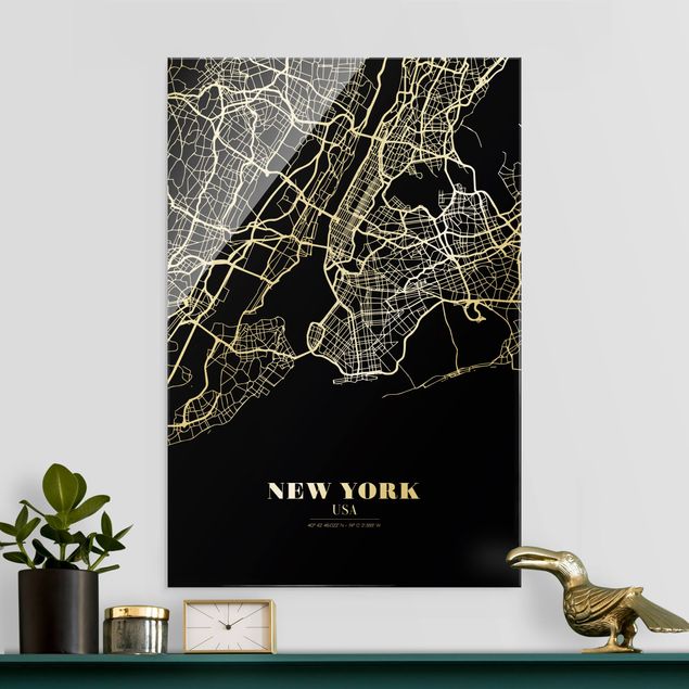 New York Glasbild Stadtplan New York - Klassik Schwarz