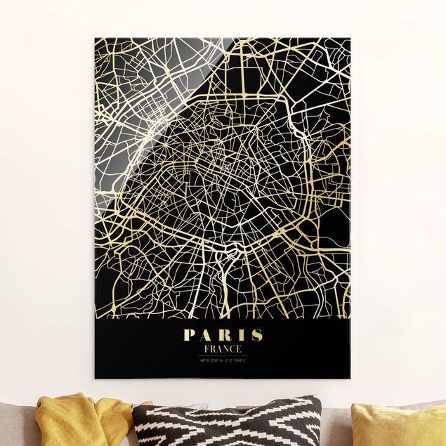 Glasbilder Paris Stadtplan Paris - Klassik Schwarz
