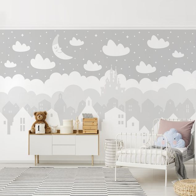 Wanddeko Mädchenzimmer Sternenhimmel mit Häusern und Mond in grau