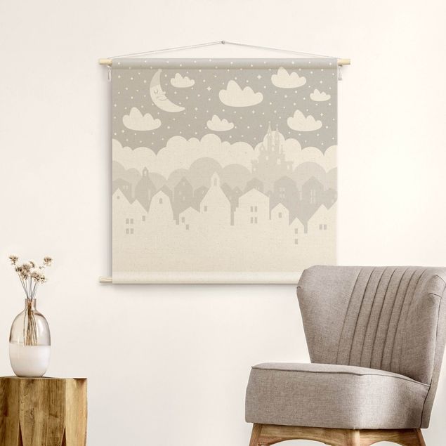 Wanddeko Babyzimmer Sternenhimmel mit Häusern und Mond in grau