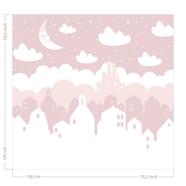 Wanddeko Büro Sternenhimmel mit Häusern und Mond in rosa