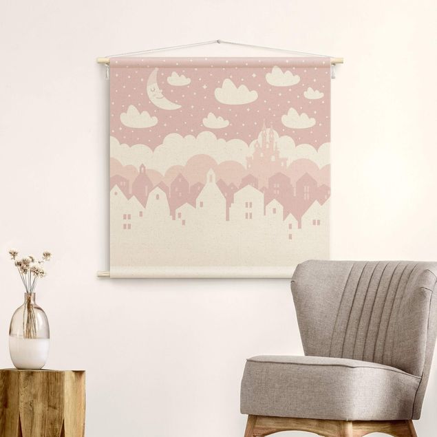 Wanddeko Mädchenzimmer Sternenhimmel mit Häusern und Mond in rosa