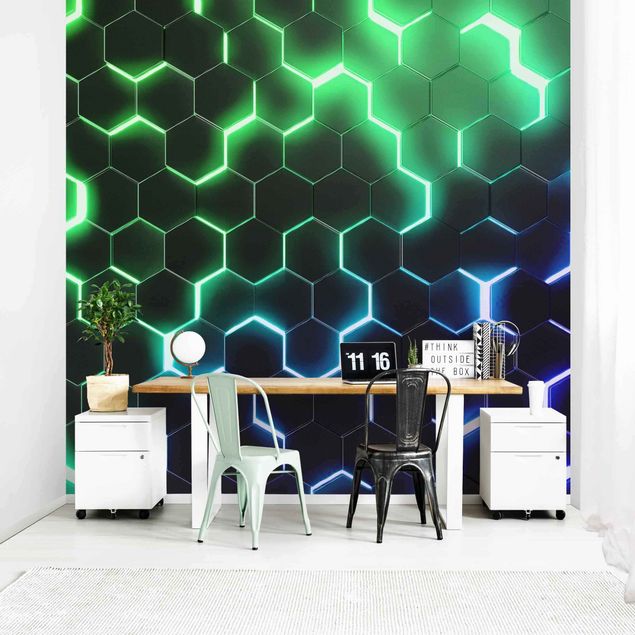 Wanddeko 3D Strukturierte Hexagone mit Neonlicht in Grün und Blau