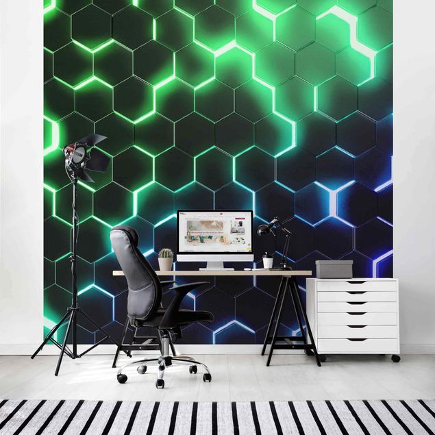 Tapete geometrisch Strukturierte Hexagone mit Neonlicht in Grün und Blau