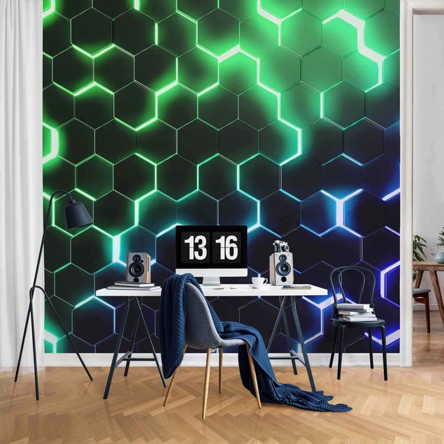 Wanddeko Wohnzimmer Strukturierte Hexagone mit Neonlicht in Grün und Blau