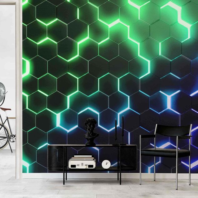 Wanddeko Büro Strukturierte Hexagone mit Neonlicht in Grün und Blau