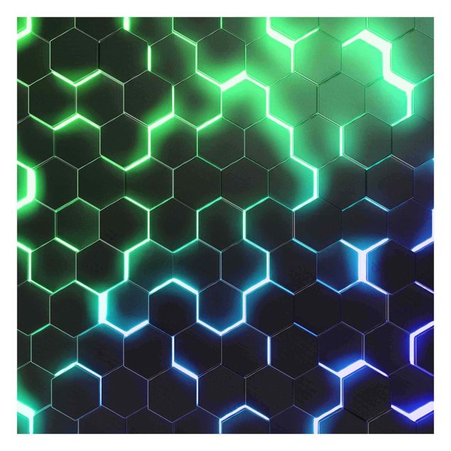 Wanddeko über Sofa Strukturierte Hexagone mit Neonlicht in Grün und Blau