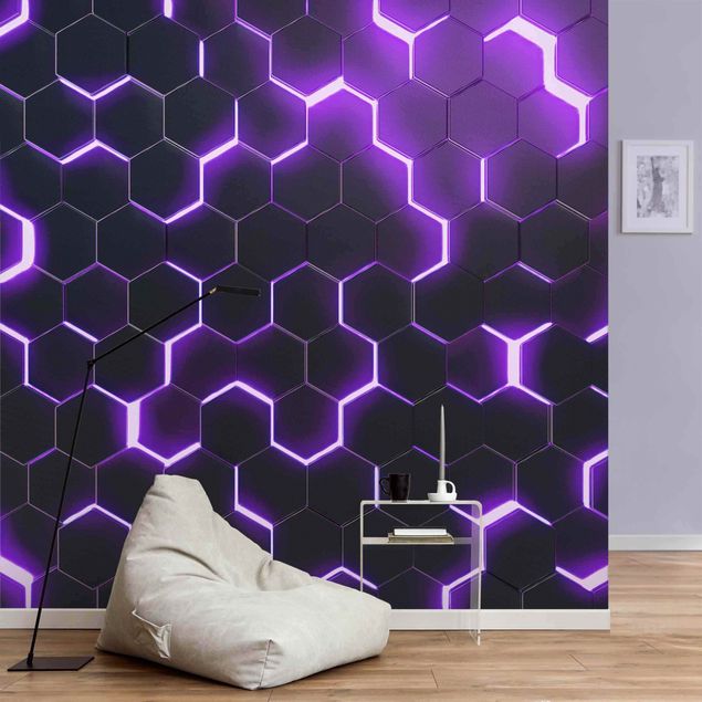 geometrische Tapete Strukturierte Hexagone mit Neonlicht in Lila