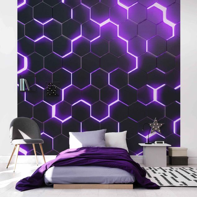 Wanddeko Wohnzimmer Strukturierte Hexagone mit Neonlicht in Lila