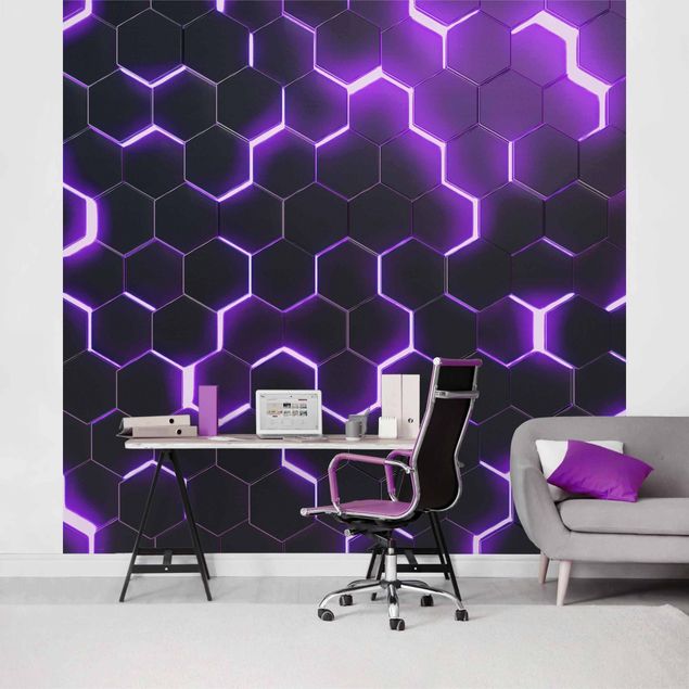 Wanddeko Büro Strukturierte Hexagone mit Neonlicht in Lila