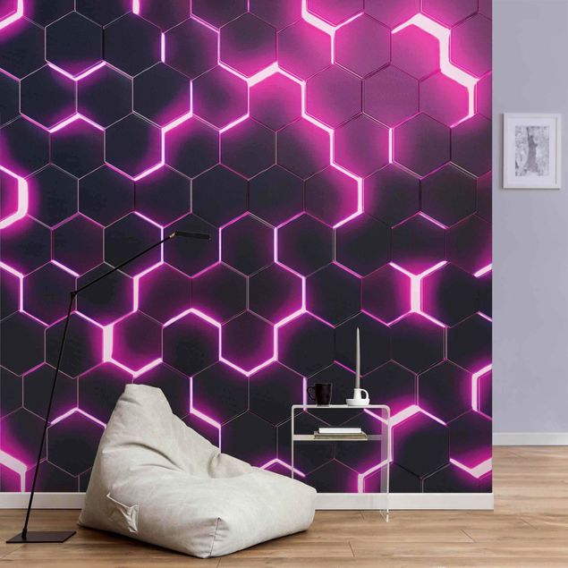 Wanddeko 3D Strukturierte Hexagone mit Neonlicht in Pink