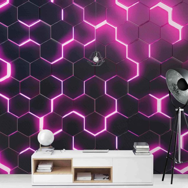 Tapete geometrisch Strukturierte Hexagone mit Neonlicht in Pink