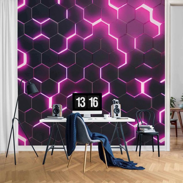 Wanddeko Büro Strukturierte Hexagone mit Neonlicht in Pink