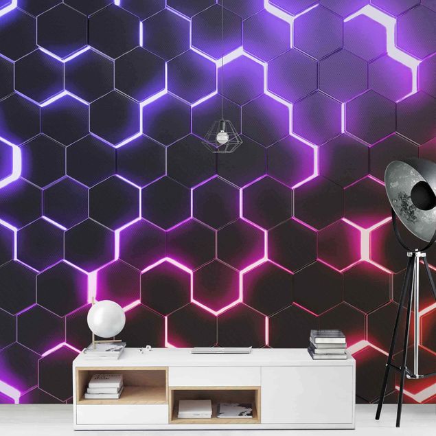 Deko 3D Strukturierte Hexagone mit Neonlicht in Rosa und Lila