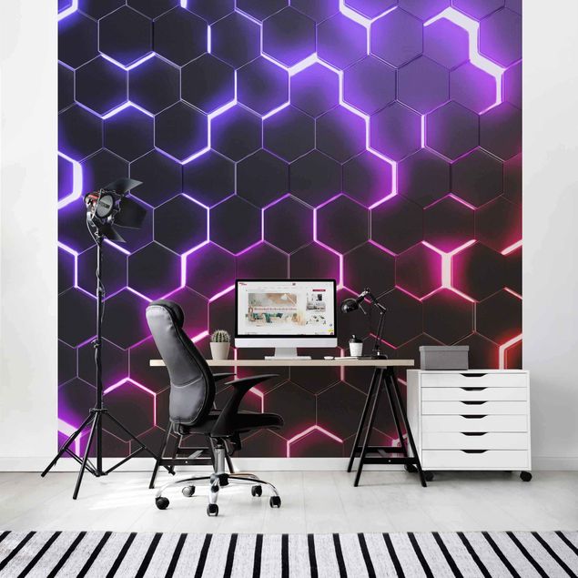 Wanddeko Wohnzimmer Strukturierte Hexagone mit Neonlicht in Rosa und Lila