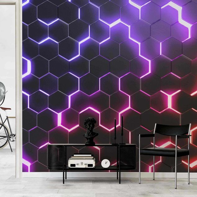 Wanddeko Büro Strukturierte Hexagone mit Neonlicht in Rosa und Lila