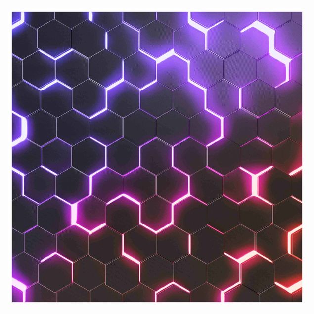 Wanddeko über Sofa Strukturierte Hexagone mit Neonlicht in Rosa und Lila