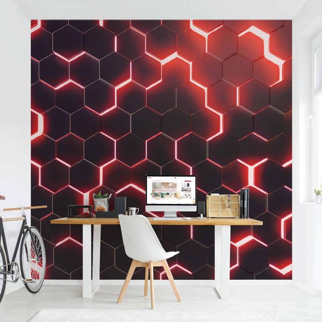 Wanddeko Büro Strukturierte Hexagone mit Neonlicht in Rot