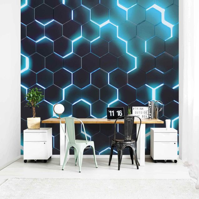 geometrische Tapete Strukturierte Hexagone mit Neonlicht in Türkis