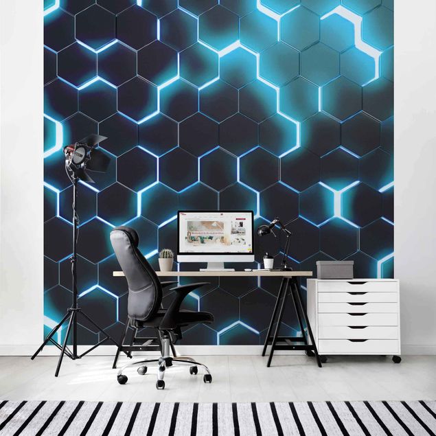 Wanddeko Wohnzimmer Strukturierte Hexagone mit Neonlicht in Türkis