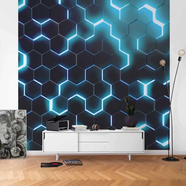 Wanddeko Büro Strukturierte Hexagone mit Neonlicht in Türkis