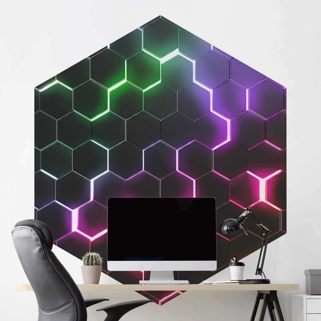 Wanddeko 3D Strukturierte Hexagone mit Neonlicht