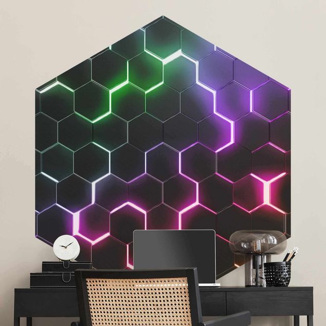 Wanddeko Schlafzimmer Strukturierte Hexagone mit Neonlicht