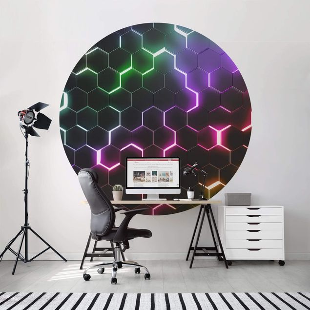 Wanddeko Flur Strukturierte Hexagone mit Neonlicht