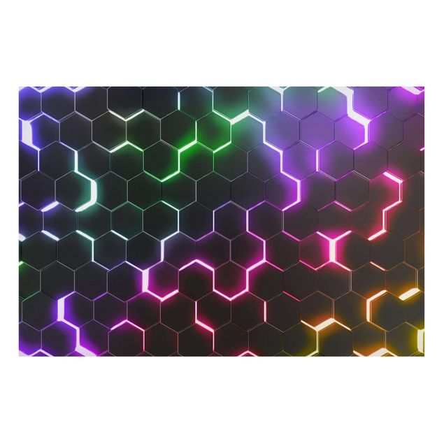 Wanddeko Büro Strukturierte Hexagone mit Neonlicht