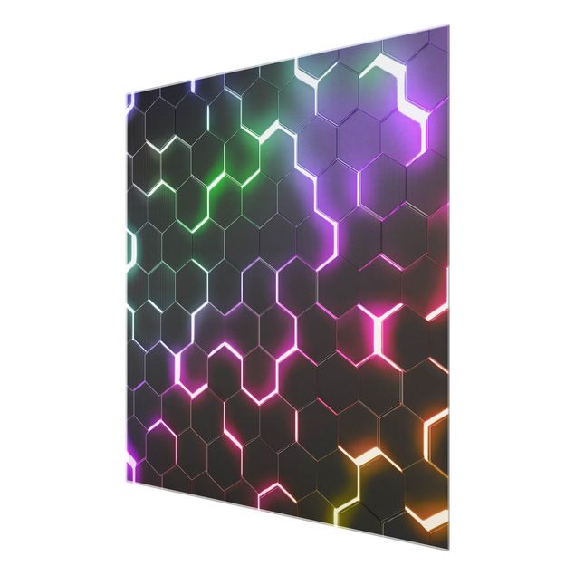 Wanddeko schwarz Strukturierte Hexagone mit Neonlicht