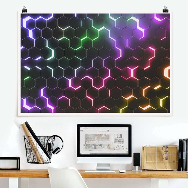 Wanddeko Büro Strukturierte Hexagone mit Neonlicht