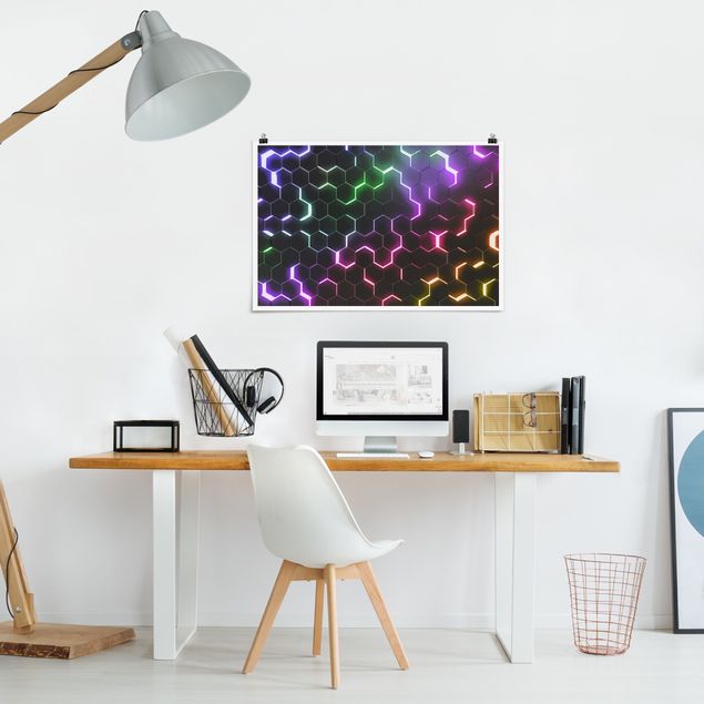 Wanddeko über Sofa Strukturierte Hexagone mit Neonlicht