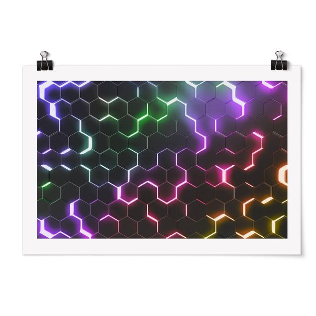 Wanddeko schwarz Strukturierte Hexagone mit Neonlicht