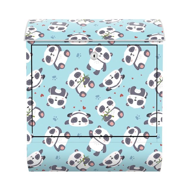 Wanddeko Muster Süße Pandabären mit Tapsen und Herzen Pastellblau